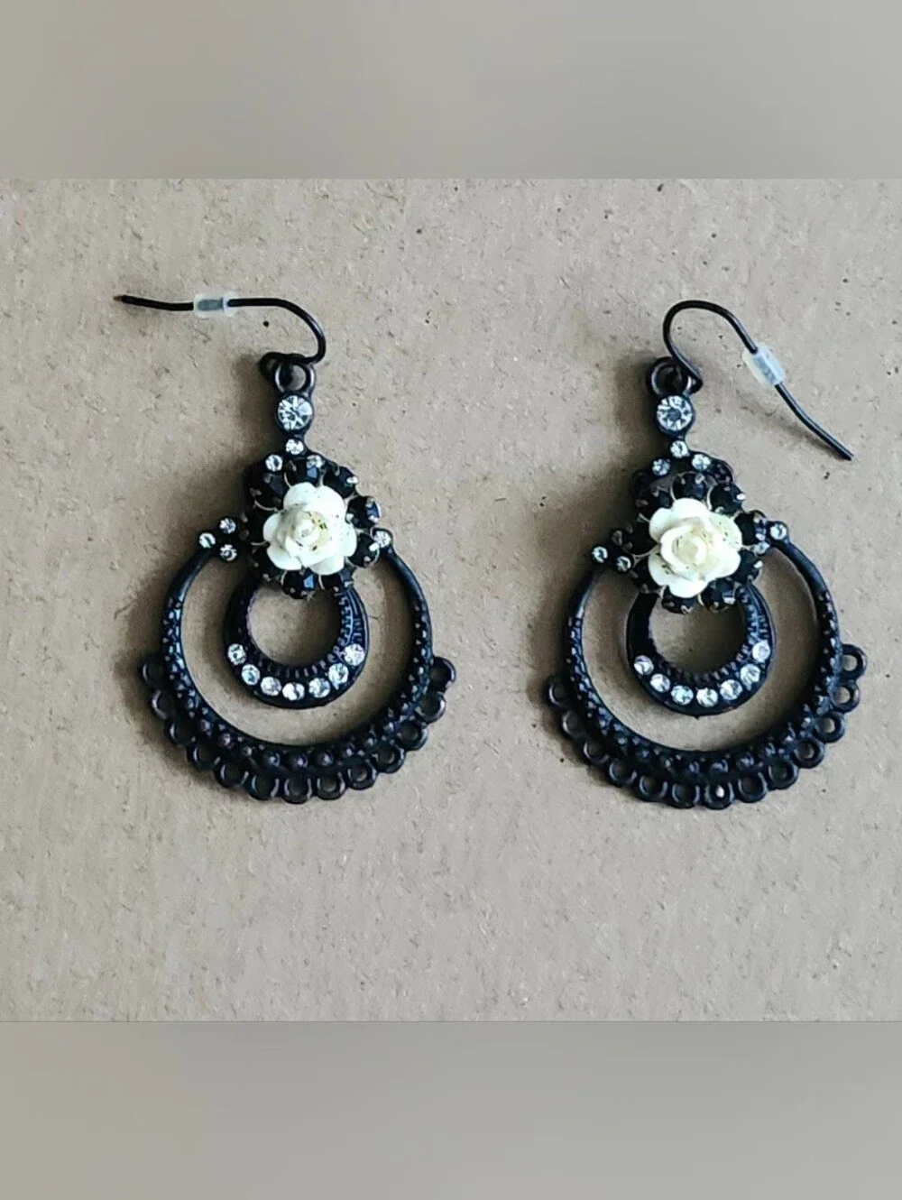 Black Filigree Hoop Earrings with Cream Rose and Crystal Accents